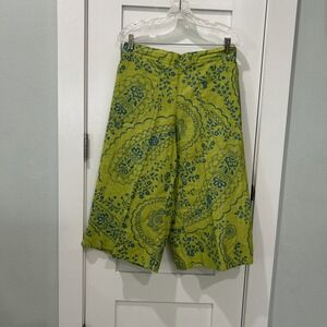 FLAX Pants Lime Green Linen Flood Cropped Pockets Teal Paisley Sz‎ S